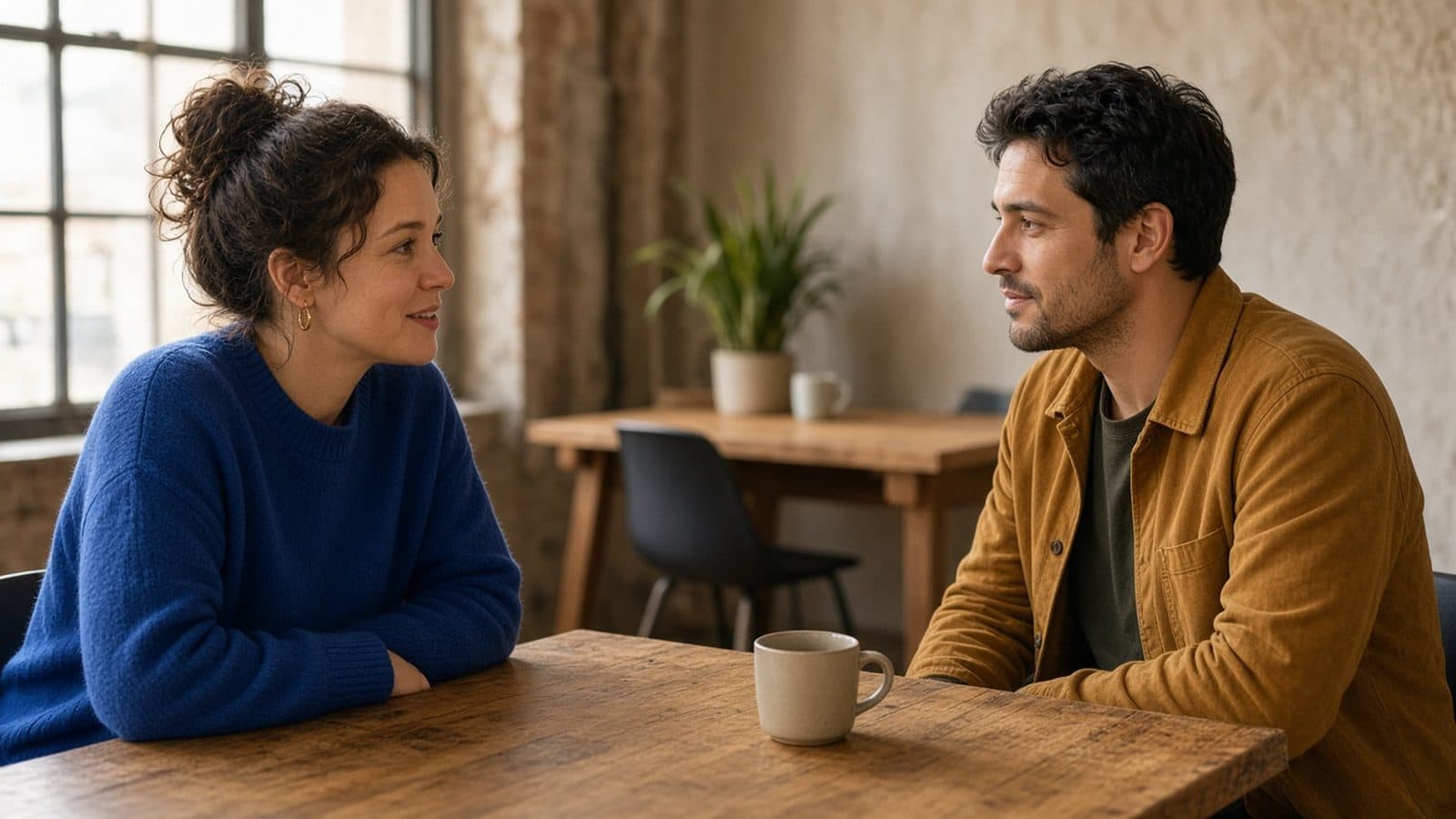 A founder in a cobalt sweater and a candidate in an ochre jacket talk across a wooden table in a bright warehouse office, with an empty desk and a fresh mug waiting behind them