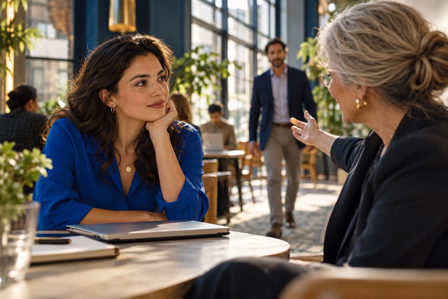 Illustrative editorial scene of a founder and mentor discussing a potential introduction in a café.