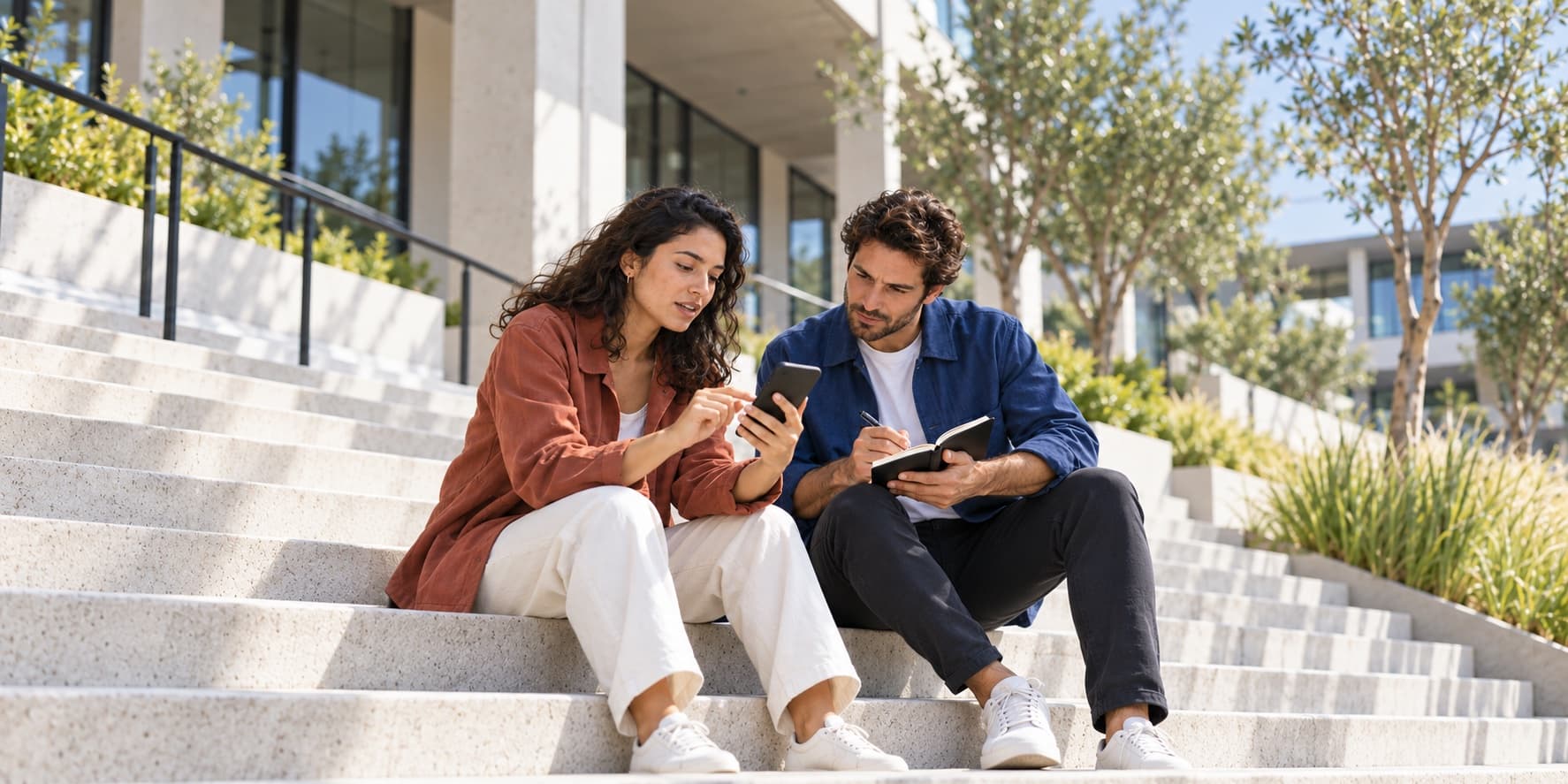 Illustrative editorial scene of a person trying a phone while a founder listens and takes notes on outdoor steps.