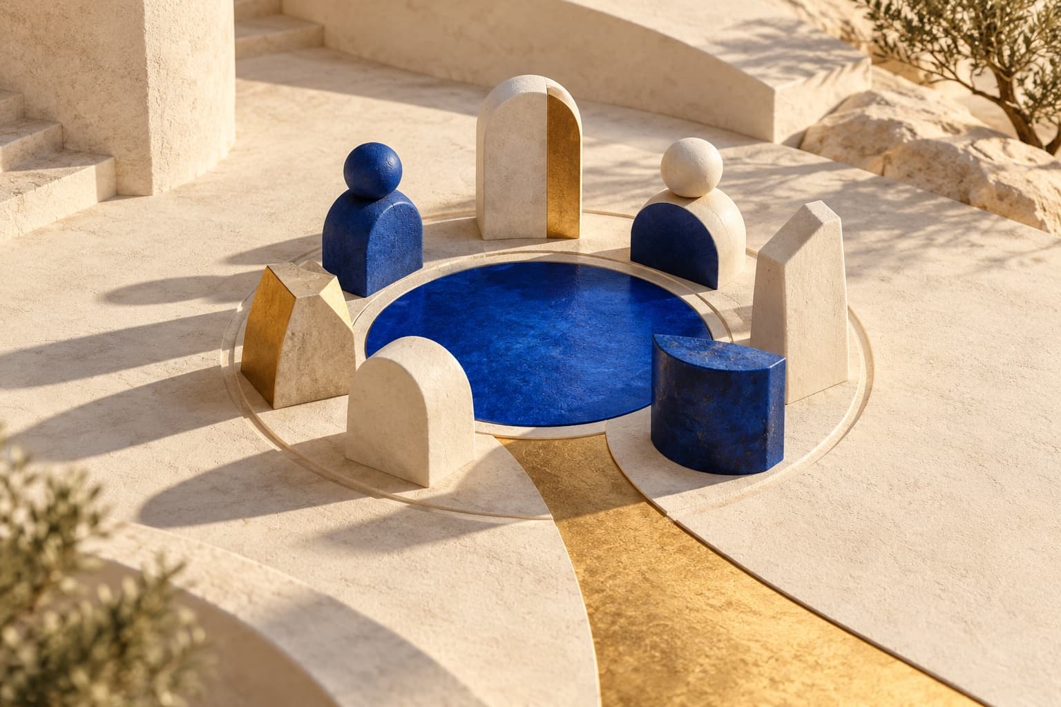 Distinct ivory, blue and gold sculptural forms gathered around a cobalt meeting circle.