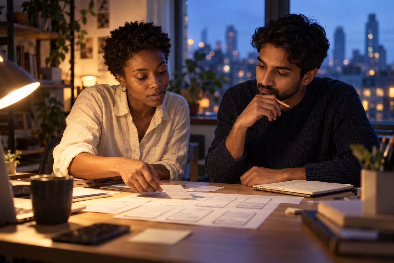 Illustrative editorial scene of two prospective cofounders reviewing a paper prototype in an evening workspace.