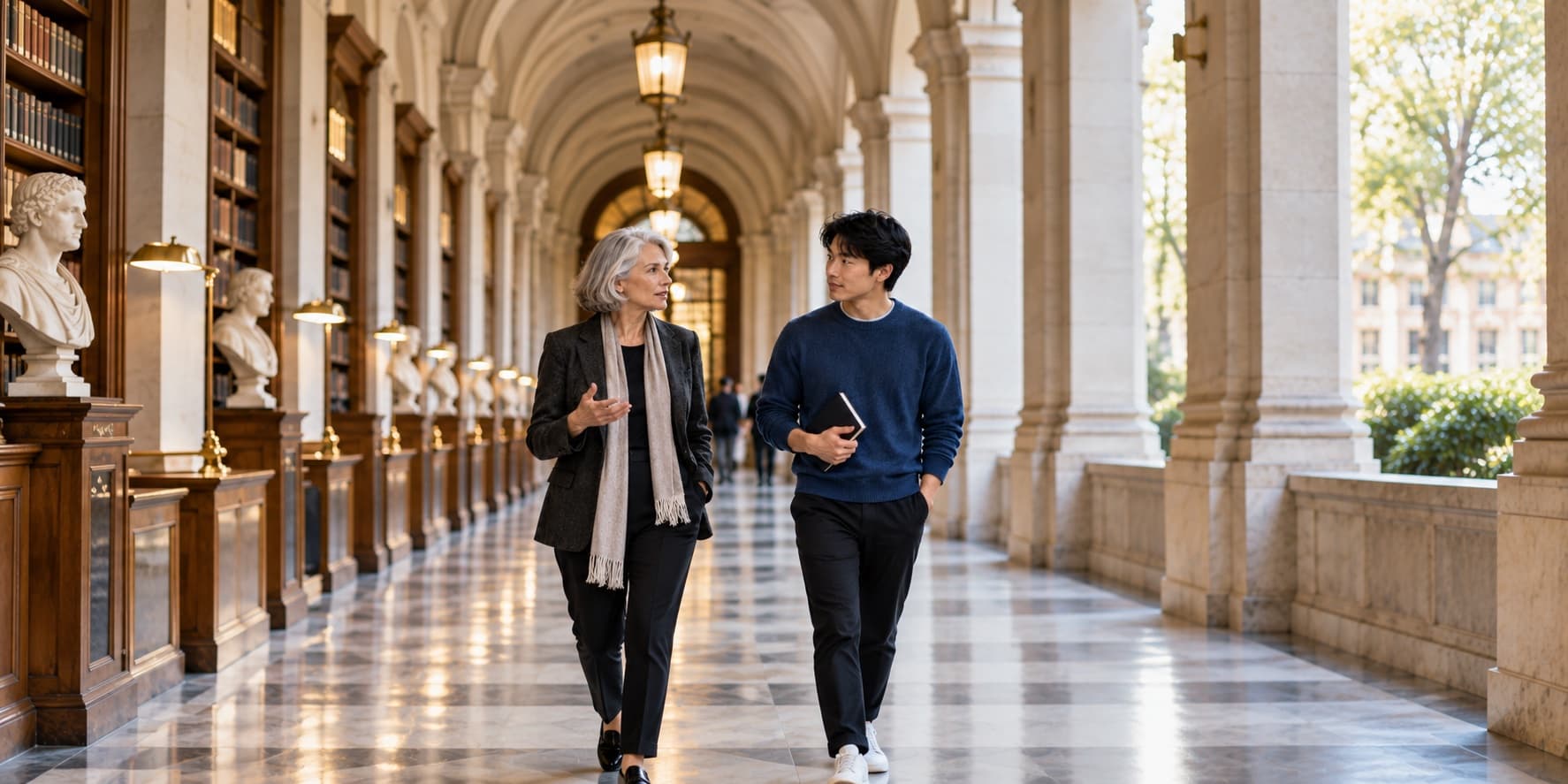 Illustrative editorial scene of a founder and an experienced mentor walking in conversation through a library arcade.