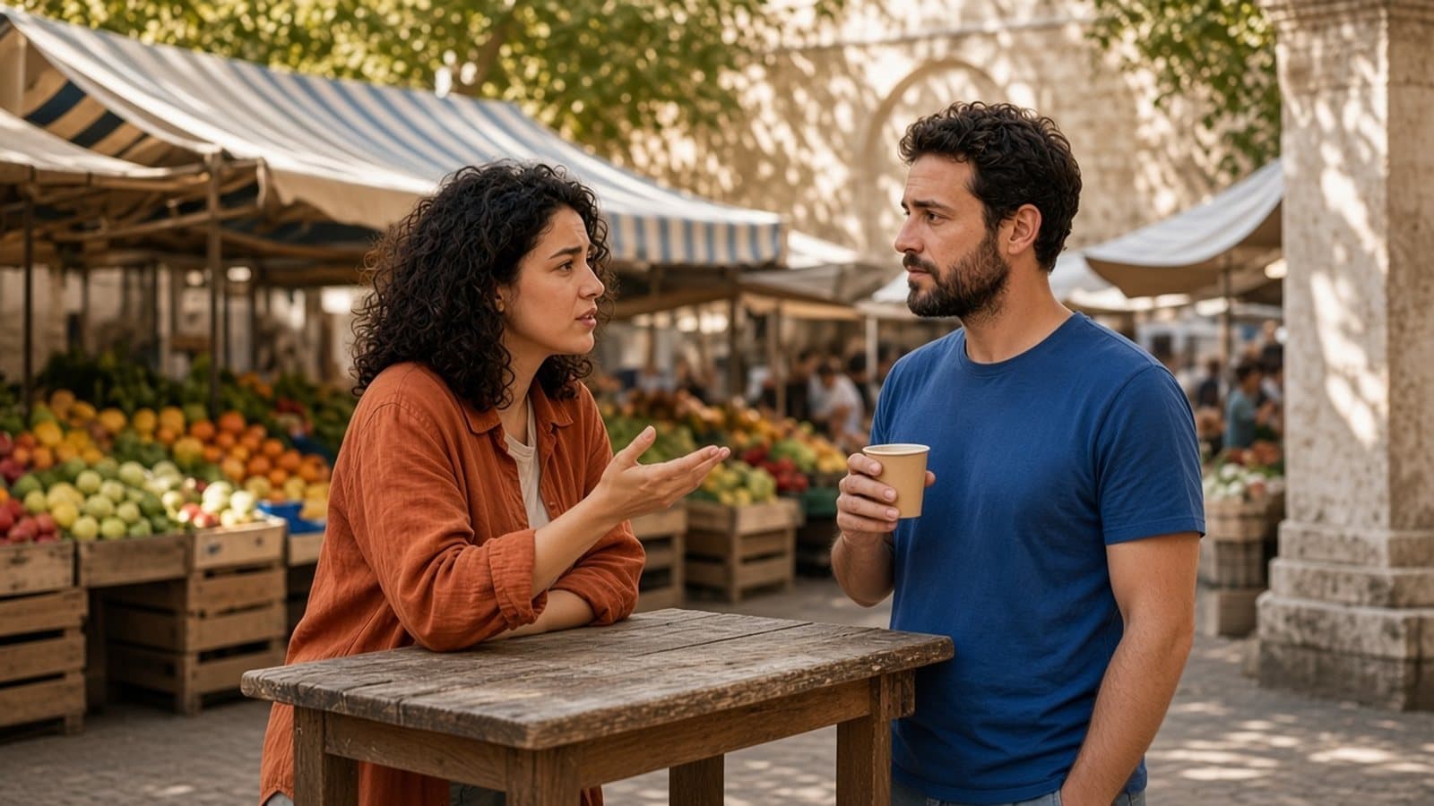 שני אנשים מדברים ברצינות ליד שולחן עץ גבוה בשוק פתוח ושטוף שמש