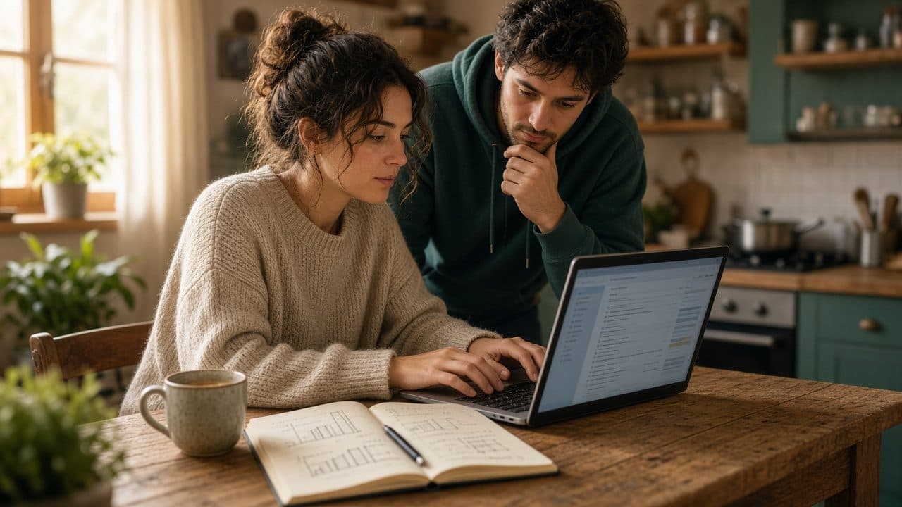 Illustrative scene: a founder drafts an email on a laptop at a kitchen table while her cofounder leans in, next to a mug and a notebook of hand-drawn bar charts.