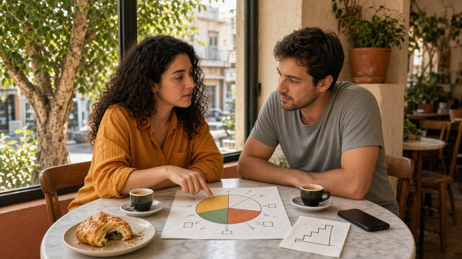 שני מייסדים יושבים בבית קפה בתל אביב סביב שולחן שיש, על מפית מצוירת עוגה מחולקת לארבעה צבעים ולידה מפית עם קו מדרגות ובורקס