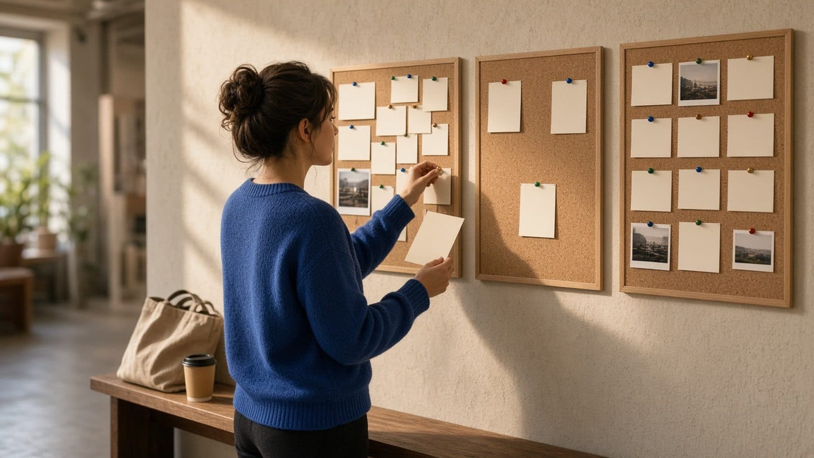 A founder in a blue sweater holds a blank card in front of three cork boards, one crowded, one sparse and one neatly organized